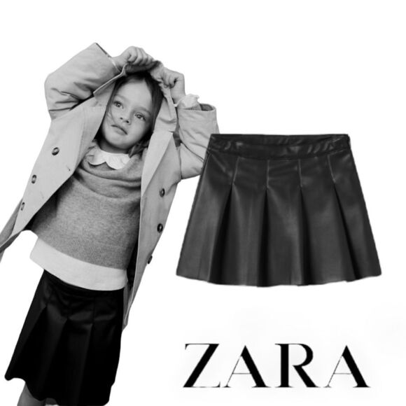 ZARA Kids | Black | FAUX LEATHER BOX PLEAT SKIRT - Picture 1 of 5